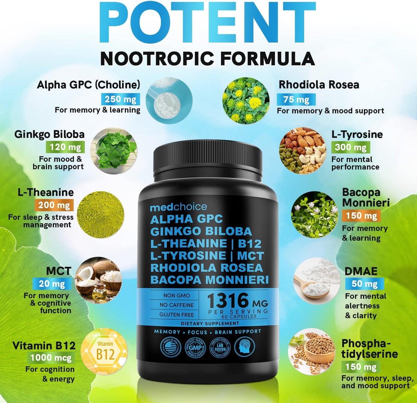 MEDCHOICE Turmeric & Ginger (120ct), Sleep Melatonin (180ct), and Nootropic Brain (120ct) Supplement Bundle - Wellness Trio for Brain, Sleep, & Immune Support - Vegan, Non-GMO, Gluten-Free