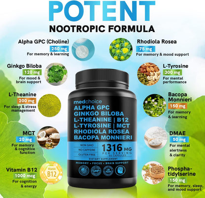 MEDCHOICE Turmeric & Ginger (120ct), Sleep Melatonin (180ct), and Nootropic Brain (120ct) Supplement Bundle - Wellness Trio for Brain, Sleep, & Immune Support - Vegan, Non-GMO, Gluten-Free