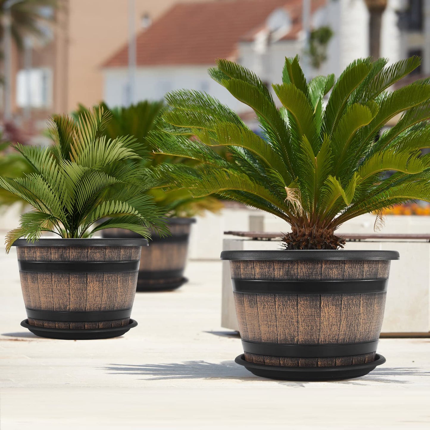 Quarut Plant Pots Set of 4 Pack 12 inch,Large Whiskey Barrel Planters with Drainage Holes & Saucer.Plastic Flower Pots Imitation Wine Barrel Design, for Indoor & Outdoor Garden Home Plants (Brown)