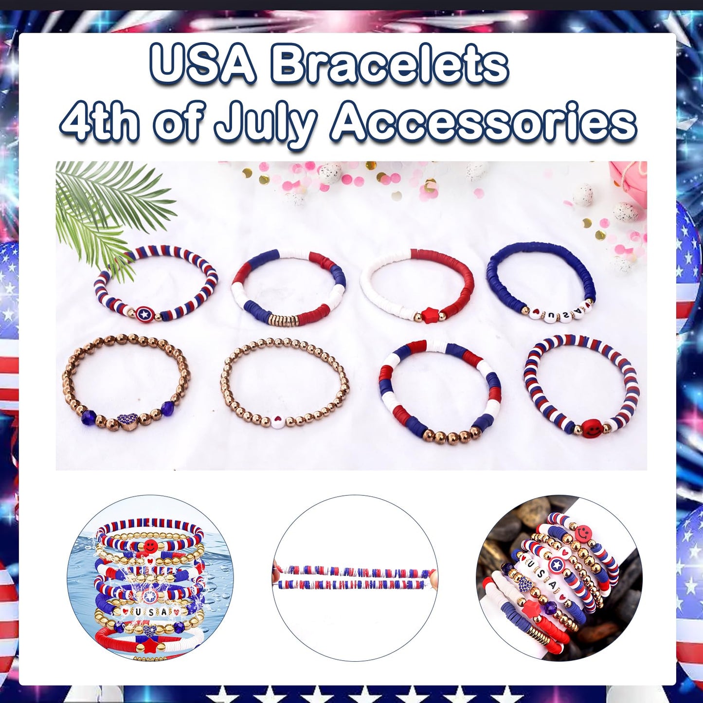 250 Anniversary USA Merchandise 4th of July Outfits for Women Men Teens Red White Blue Clay Beaded Stretch Bracelets USA Patriotic Jewelry 4th of July Accessories