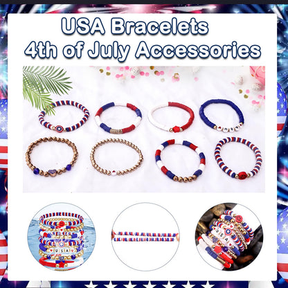 250 Anniversary USA Merchandise 4th of July Outfits for Women Men Teens Red White Blue Clay Beaded Stretch Bracelets USA Patriotic Jewelry 4th of July Accessories