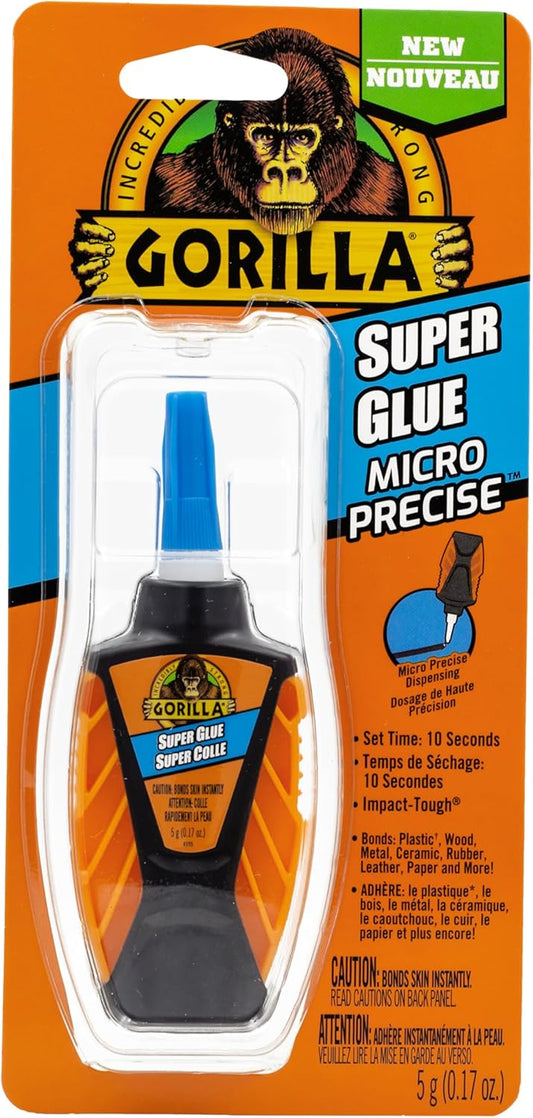 Gorilla Micro Precise Super Glue, Fast-Setting Cyanoacrylate, Precise Applicator, Anti-Clog Cap, Clear, 0.19oz/5g, Pack of 1
