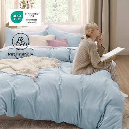 Funda nórdica blanca Bedsure, tamaño Queen, 3 piezas, aspecto de algodón prelavado, juego de cama extrasuave, incluye 1 funda nórdica de 228 x 228 cm con cierre de cremallera y 2 fundas de almohada, edredón no incluido