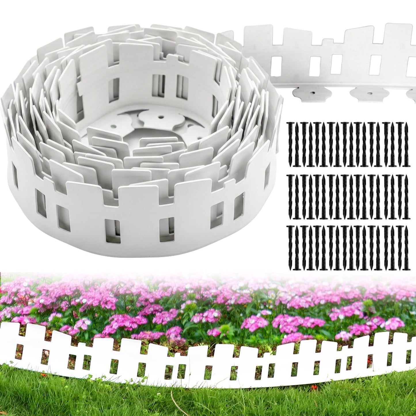 2-Inch x 66 FT Landscape Edging Border with 100 Spikes, No Dig Garden Border Edging Kit, Plastic Edging Border Flexible for Garden Flower Beds Lawn Yard Paver Pathway (Black)