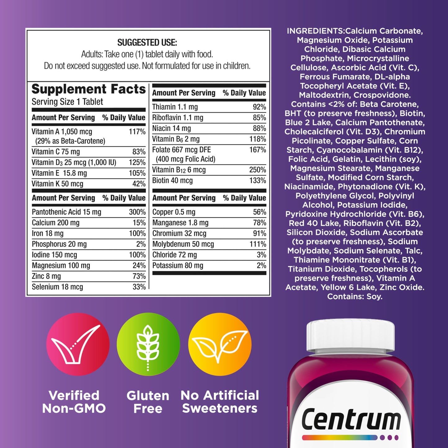 Centrum Multivitamin for Women, Multimineral Supplement with Iron, Vitamin D3, B Vitamins and Antioxidant Vitamins C and E, Gluten Free, Non-GMO Ingredients - 250 Count (Pack of 12)