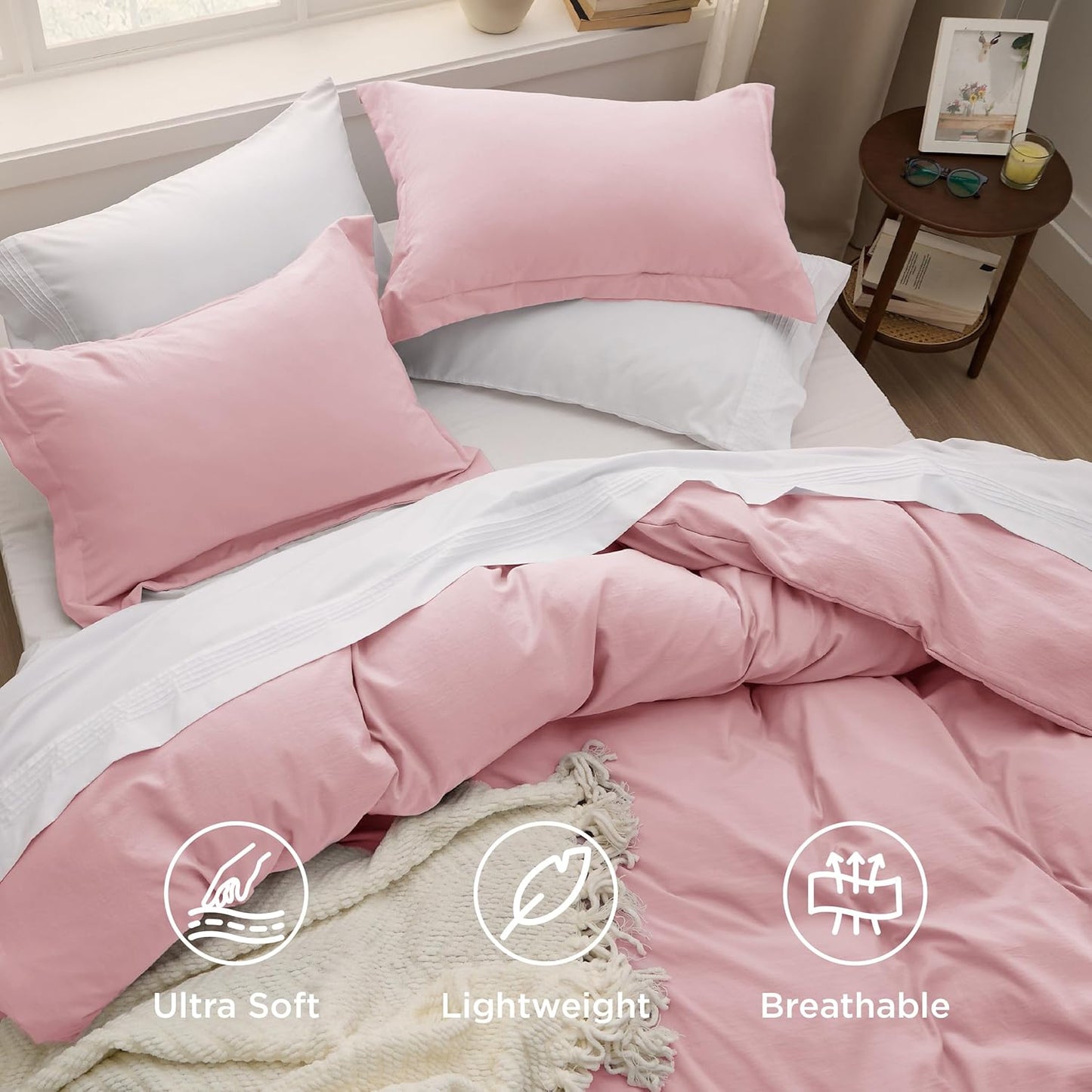 Funda nórdica blanca Bedsure, tamaño Queen, 3 piezas, aspecto de algodón prelavado, juego de cama extrasuave, incluye 1 funda nórdica de 228 x 228 cm con cierre de cremallera y 2 fundas de almohada, edredón no incluido