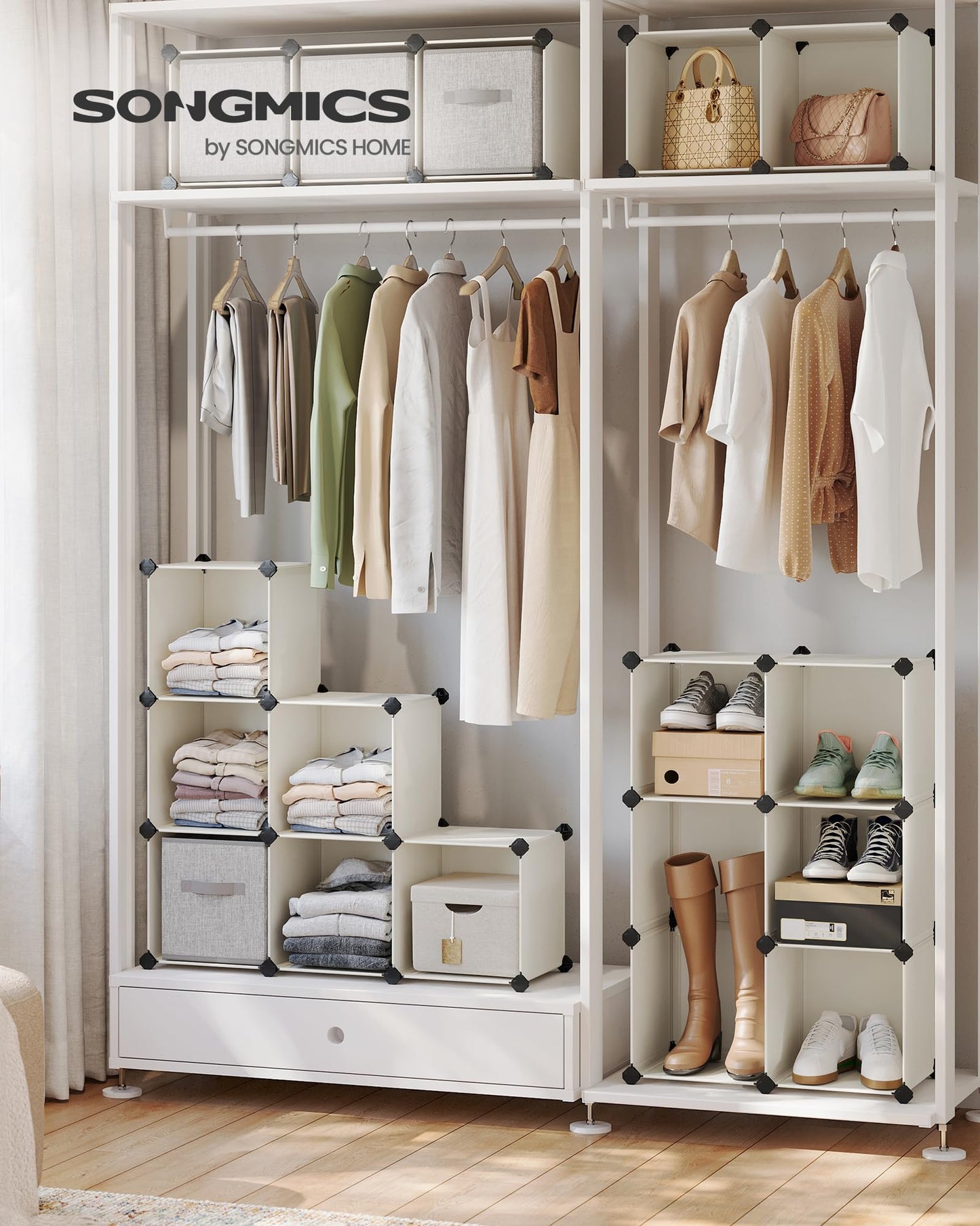 SONGMICS Cube Storage Organizer, Set of 16 Plastic Cubes, Closet Organizers and Storage, Room Organization, Bedroom Living Room, 12.2 x 48.4 x 48.4 Inches, Rustic Brown ULPC442A01