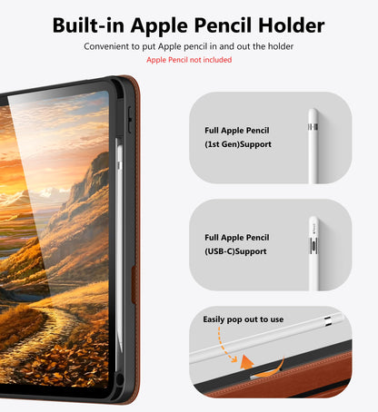 DTTO for iPad A16 Case, iPad 11th / 10th Generation Case (2025/2022), 360 Degree Rotating Premium Leather Folio Stand Cover with Pencil Holder, Brown