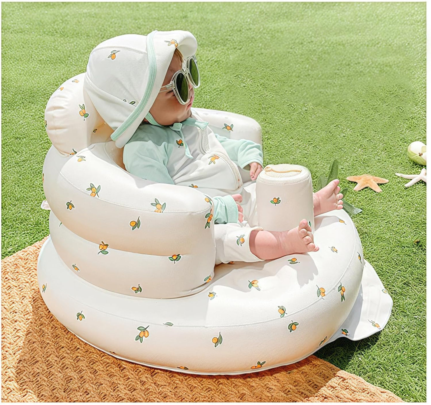 Aufblasbarer Babysitz, aufblasbarer Babystuhl für Babys ab 3 Monaten, aufblasbarer Sommerstuhl mit integrierter Luftpumpe, Baby-Bodensitz zum Sitzenlernen, Spielen, Campen, Orange