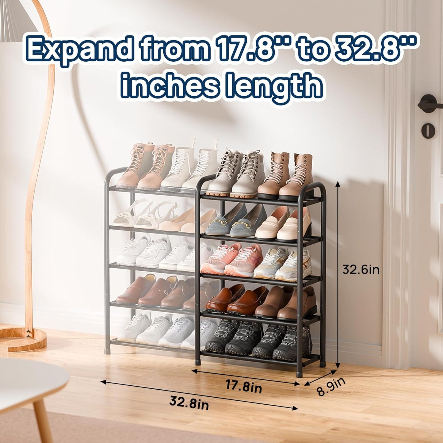 ENJOYBASICS Erweiterbare Schuhregale aus Metall für den Kleiderschrank, 3-stöckiges verstellbares Schuh-Organizer-Regal, schwarz, freistehendes Schuhregal für den Eingangsbereich