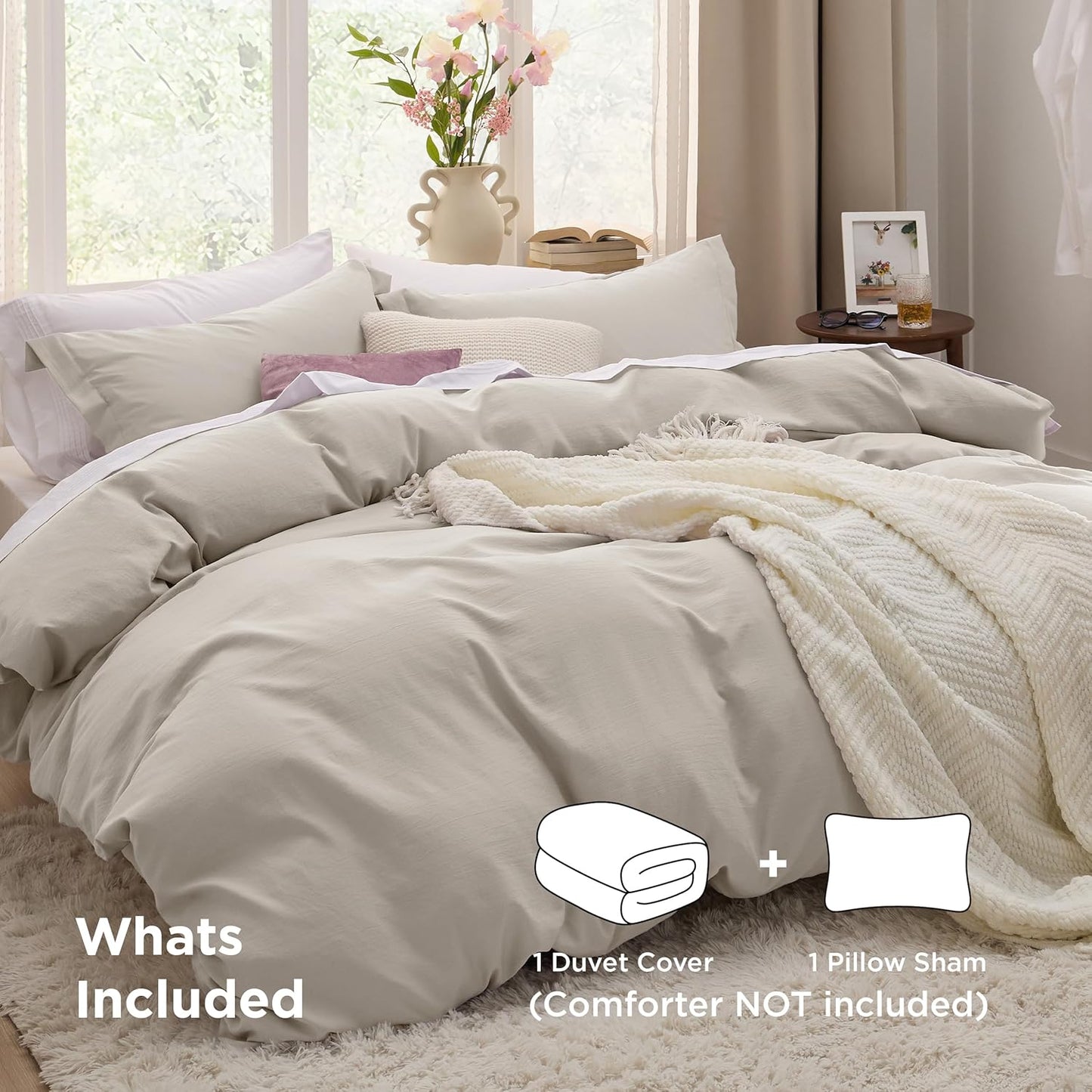 Funda nórdica blanca Bedsure, tamaño Queen, 3 piezas, aspecto de algodón prelavado, juego de cama extrasuave, incluye 1 funda nórdica de 228 x 228 cm con cierre de cremallera y 2 fundas de almohada, edredón no incluido