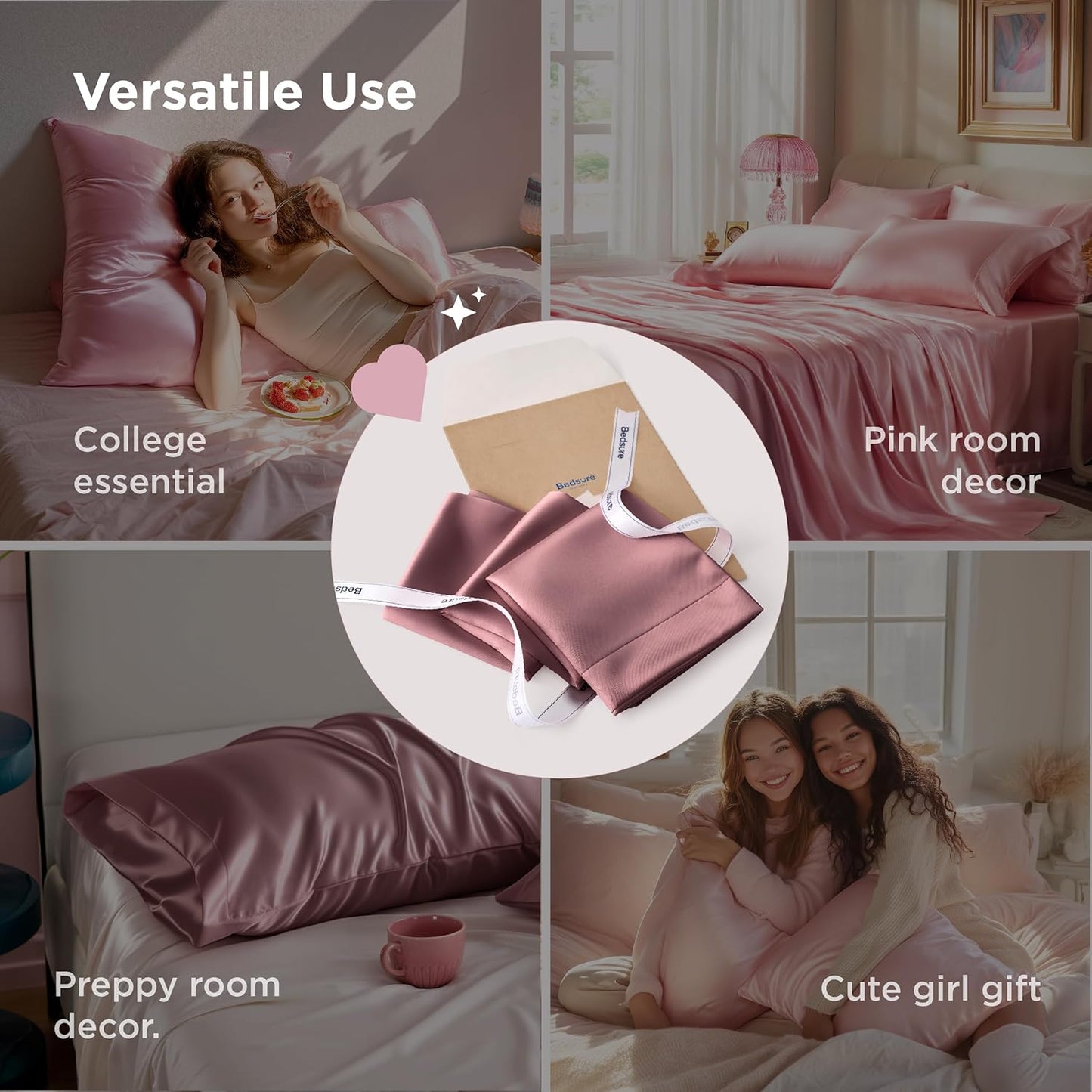 Bedsure Satin-Kissenbezug, Queen-Size, 2er-Pack, Seidenkissenbezügen ähnlich, seidige Kissenhüllen mit Hotelverschluss, Raumdeko, Valentinsgeschenke für Frauen und Männer, Grau, 50x75 cm