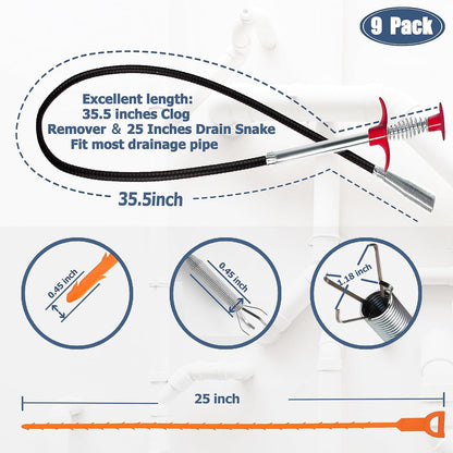 35.5inch Drain Clog Remover & Cleaning Tool Set For Toilet, Kitchen Sink, Bathroom Tub