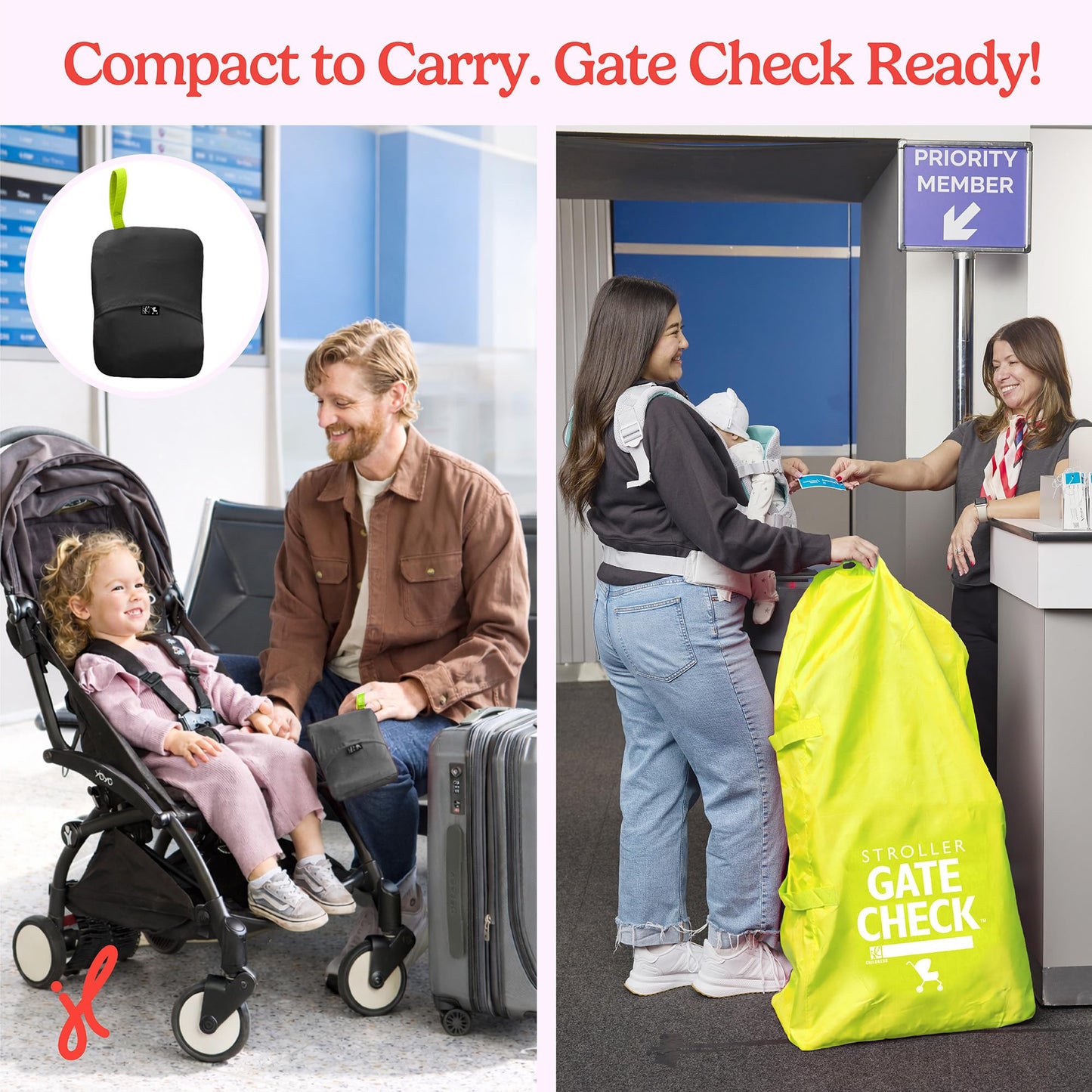 J.L. Childress Gate Check Bag for Single & Some Double Strollers - Travel Bag for Airplane, Fits Most Standard Baby Strollers, Airport Accessories Gate Check, Flying Essentials - Neon Blue