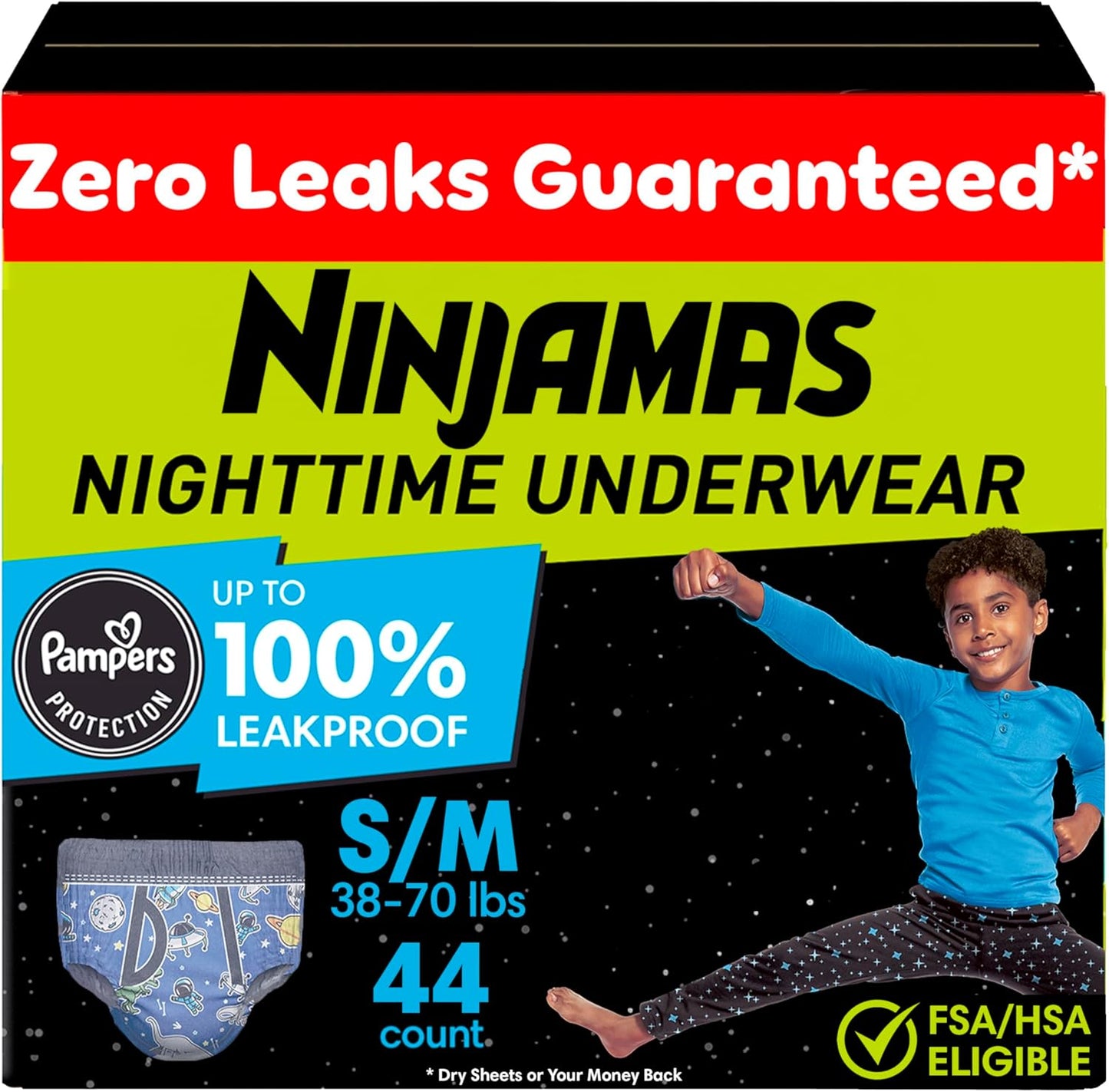 Ninjamas Boys Bedwetting Underwear, Overnight Protection, Ultra Absorbent, Hypoallergenic, Size S/M (17-32 kg), 44 Count,