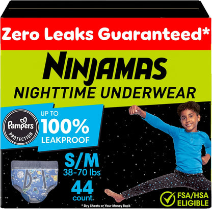 Ninjamas Boys Bedwetting Underwear, Overnight Protection, Ultra Absorbent, Hypoallergenic, Size S/M (17-32 kg), 44 Count,
