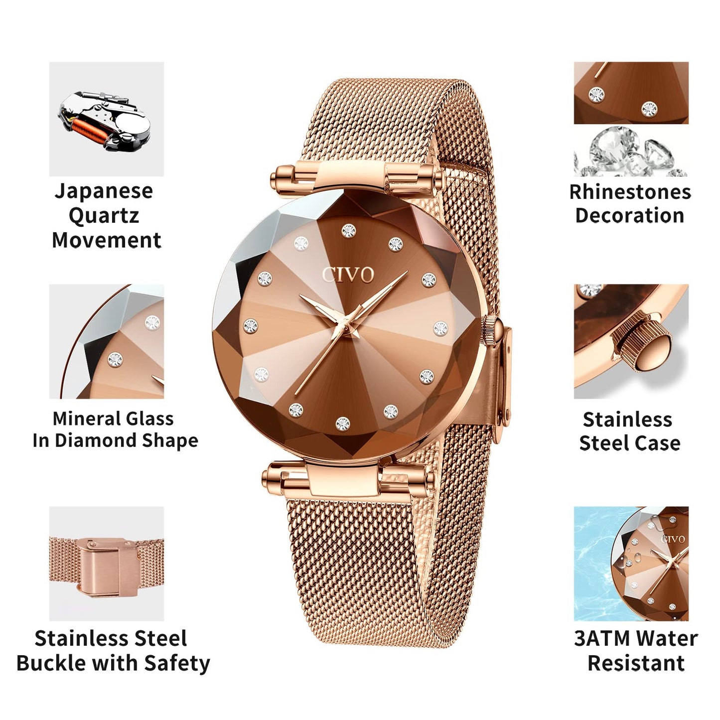 CIVO Damenarmbanduhr, wasserdichte analoge Quarzdameuhr für Damen, Roségold-Mesh-Armband, elegant, luxuriös, Designer-Damenuhr mit Diamant-Zifferblatt