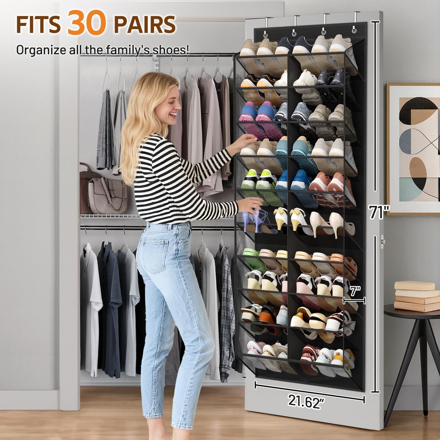 MISSLO 30 Pairs Over the Door Shoe Organizer Breathable Mesh Hanging Shoe Rack for Closet Storage with Wide Deep Pockets 10 Tier Shoes Holder Fit All the Family's Sneakers, Boots, Heels (White, 71")