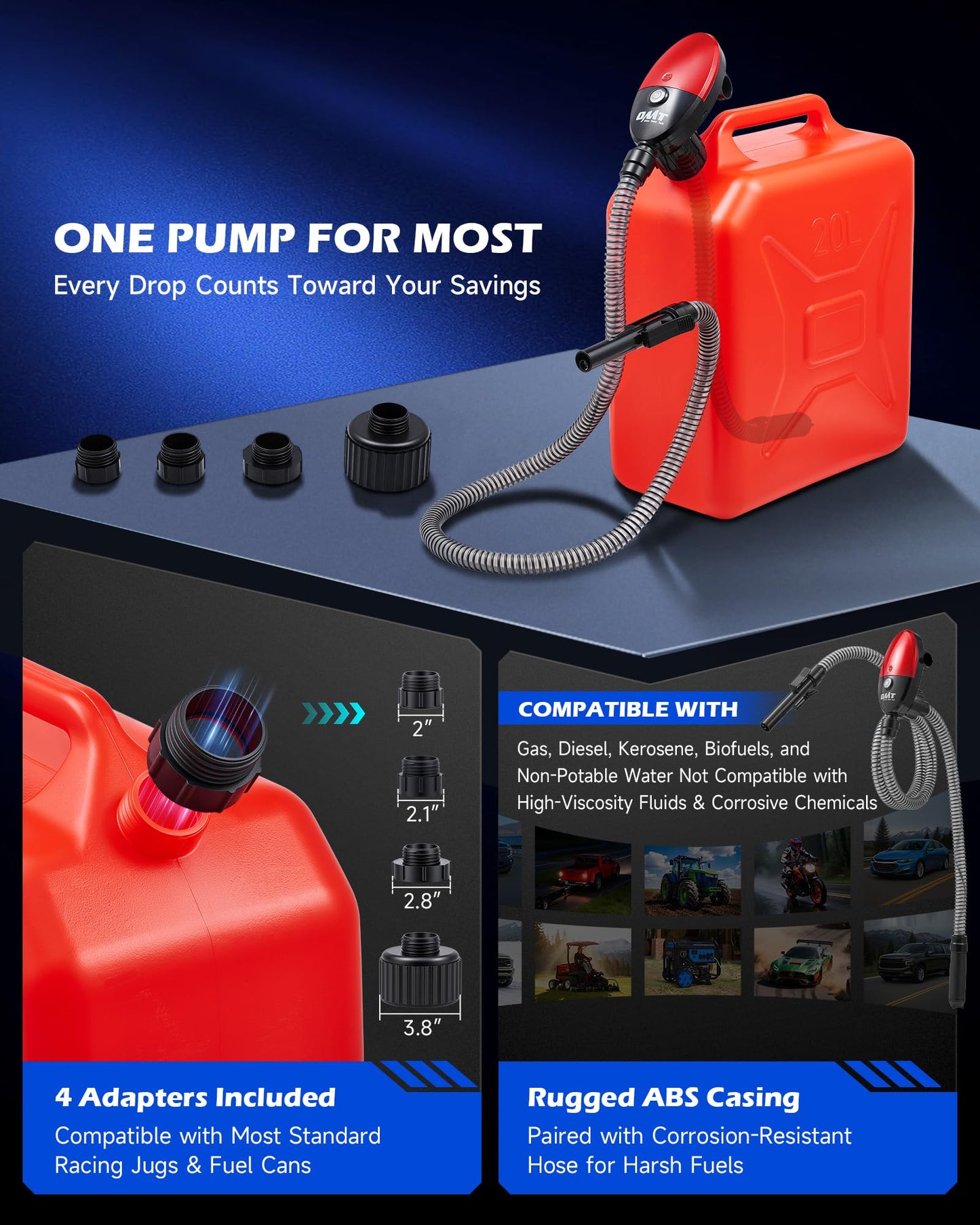 Orion Motor Tech Electric Fuel Transfer Pump with Auto-Shutoff, 3.2GPM Gas Can Pump, 51" Hose, USB-C & AA Battery (NO BATTERIES INCLUDED) Powered, 4 Adapters for Gasoline, Diesel, Kerosene, Blue