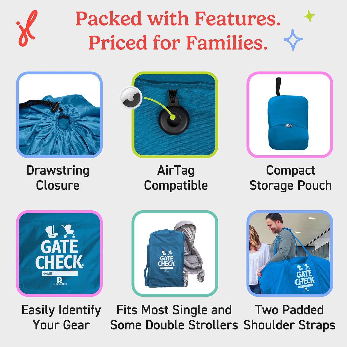 J.L. Childress Gate Check Bag for Single & Some Double Strollers - Travel Bag for Airplane, Fits Most Standard Baby Strollers, Airport Accessories Gate Check, Flying Essentials - Neon Blue