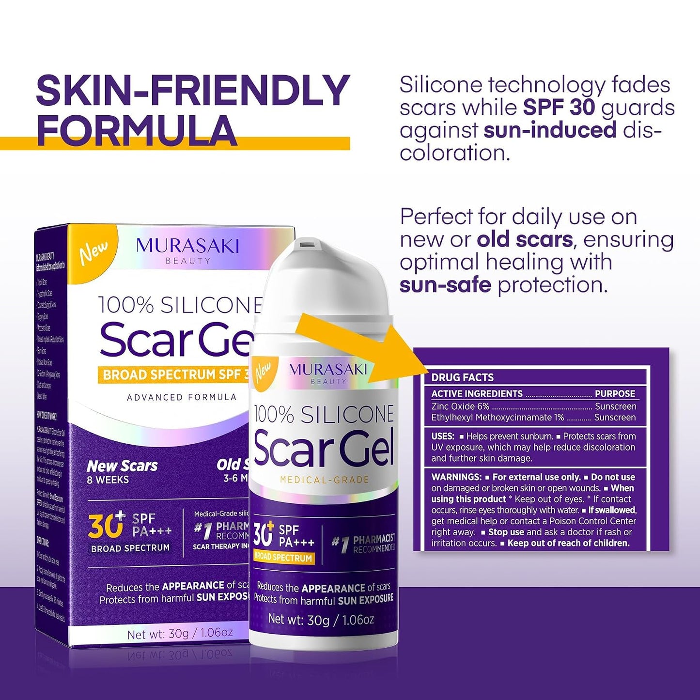 Silicone Scar Gel Scar Cream: SPF 30 Advanced Medical-Grade Formula for Surgical Scars, C-Section, Stretch Marks, Acne, Burns, Keloids, Old & New Scars – Broad Spectrum UV Protection 1.06oz (30g)
