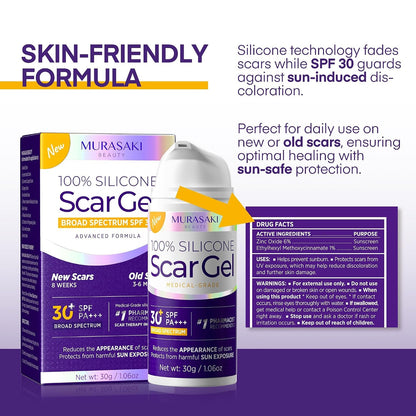 Silicone Scar Gel Scar Cream: SPF 30 Advanced Medical-Grade Formula for Surgical Scars, C-Section, Stretch Marks, Acne, Burns, Keloids, Old & New Scars – Broad Spectrum UV Protection 1.06oz (30g)