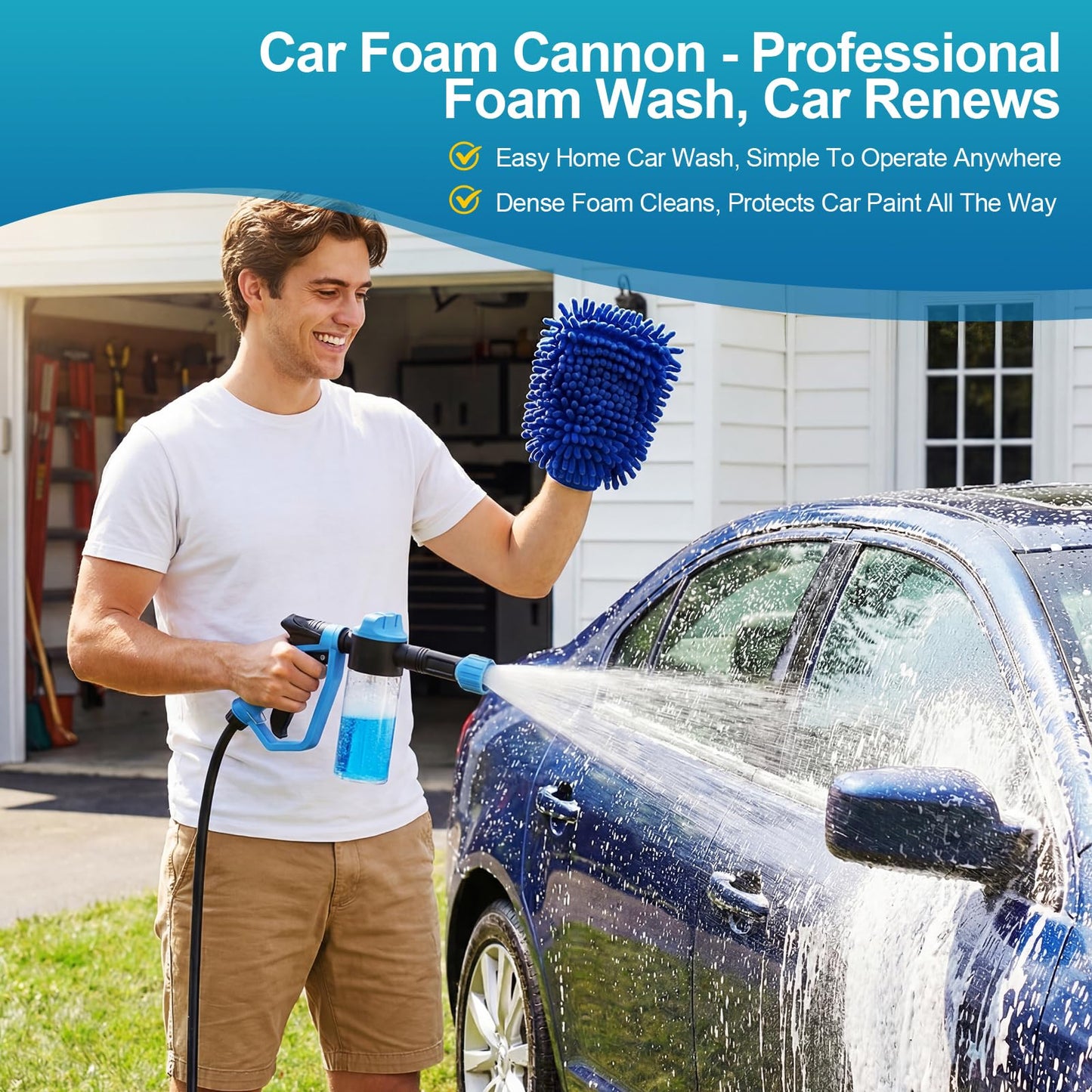 Car Wash Foam Gun for Garden Hose, Foam Cannon Car Wash Kit with Microfiber Wash Mitt, 50% More Water Pressure Nozzle & 3 Spray Modes, Hose Foam Blaster for Cars, Trucks, RV, Motorcycle Cleaning