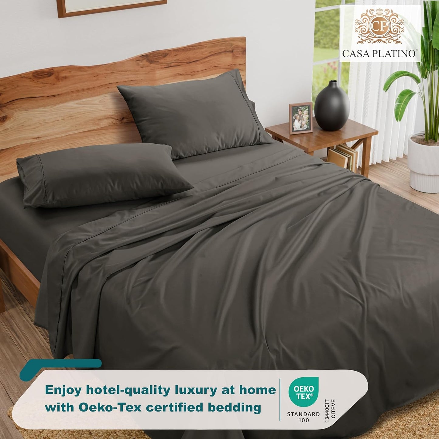 1000 Thread Count Queen Size Bed Sheet Set - Charcoal Egyptian Cotton Blend