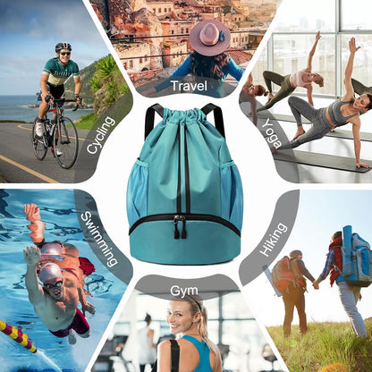 Hoedia Sports-Kordelzugrucksack – Schwimm-Turnbeutel mit Schuhfach und wasserdichter Tasche für Damen und Herren