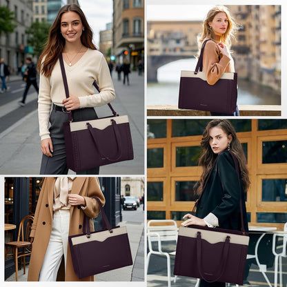 RAINSMORE Laptop Bag for Women 15.6 Inch Work Tote Bag with Detachable Strap & Bow Leather Laptop Tote with Cup Holder