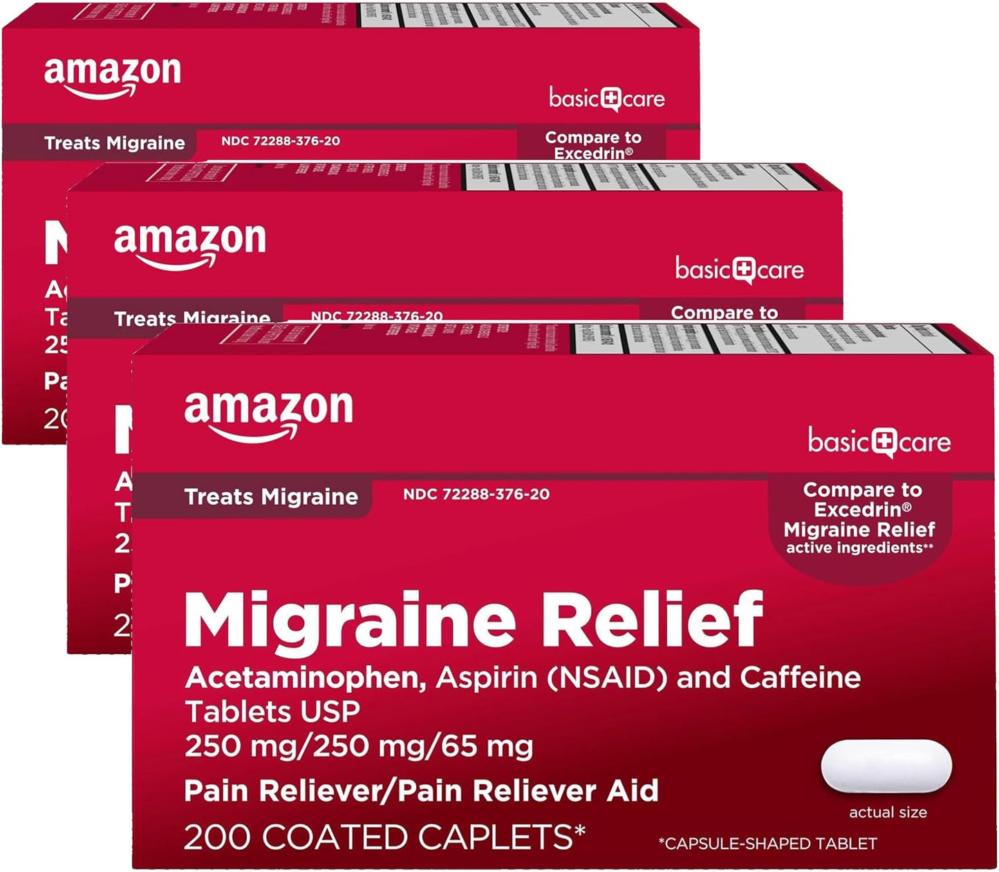Amazon Basic Care Migraine Relief Acetaminophen, Aspirin (NSAID) and Caffeine Tablets, Pain Reliever/Pain Reliever Aid, 200 Count (Pack of 3)