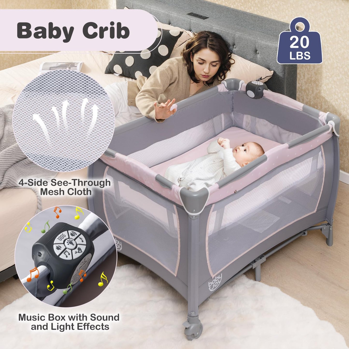 BABY JOY 5 in 1 Pink Pack and Play, Portable Baby Playard with Bassinet & Changing Table, Infant Pink Girl Bassinet Center w/Hangings & Music & Oxford Bag for Baby Toddlers (Rose, Dot Circle)