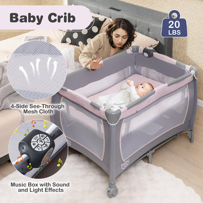 BABY JOY 5 in 1 Pink Pack and Play, Portable Baby Playard with Bassinet & Changing Table, Infant Pink Girl Bassinet Center w/Hangings & Music & Oxford Bag for Baby Toddlers (Rose, Dot Circle)