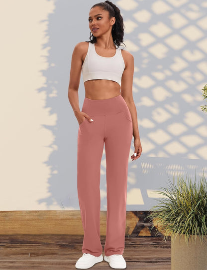 VOOVEEYA Yogahosen für Damen mit Taschen, gerade geschnittene Hose mit weitem Bein, hochtaillierte Business-Hose, petite/regulär//lang
