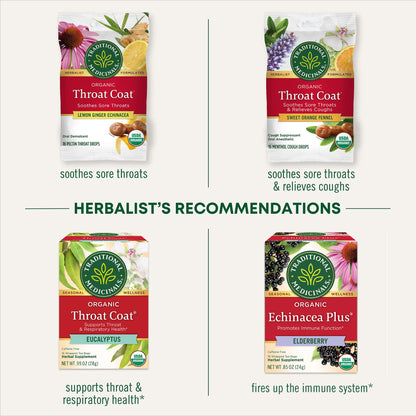 Traditional Medicinals Organic, Throat Coat Lozenges, Lemon Ginger Echinacea - Herbal Cough Drops, Helps Soothe Sore Throat - Non-GMO, Stimulant-Free - 16 Count (Pack of 12)