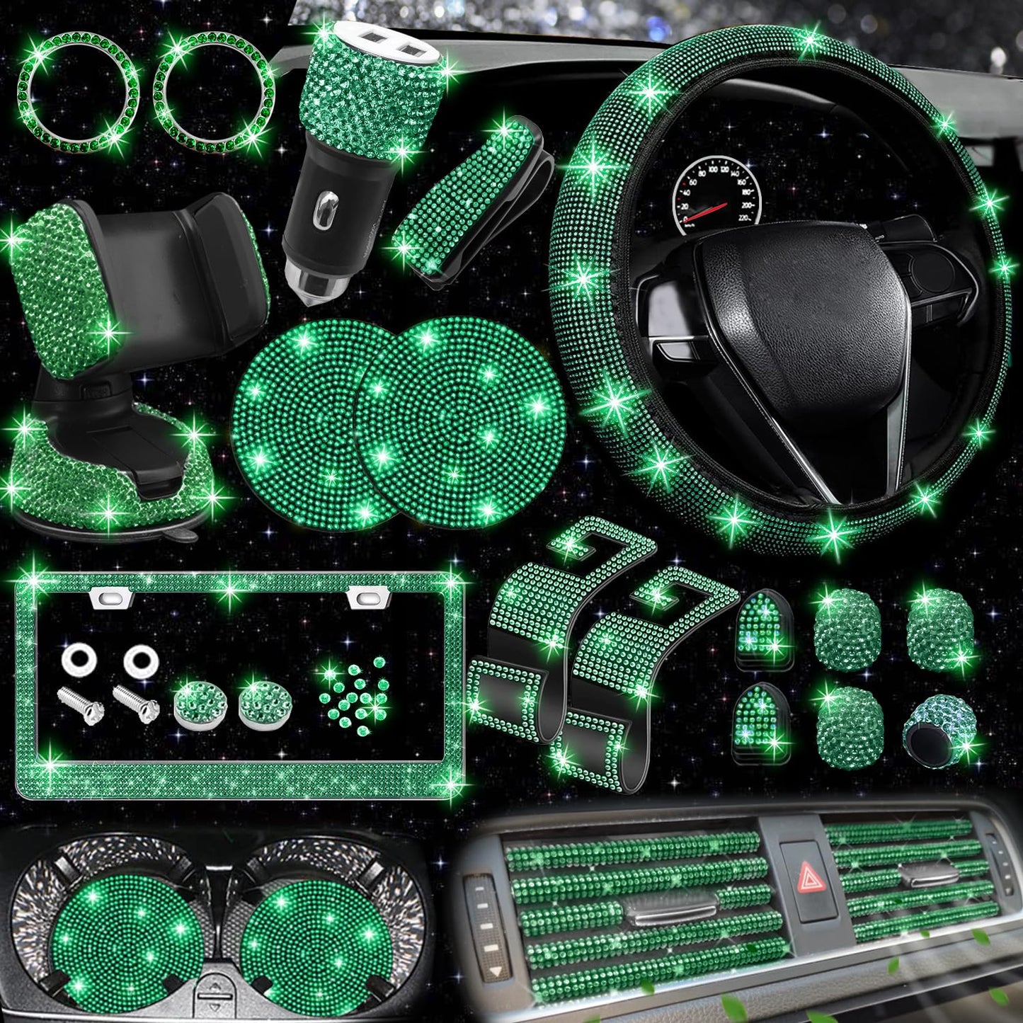 NBTEPEM 27-Piece Bling Car Accessories Set - Universal Fit Steering Wheel Covers, License Plate Frames, Phone Holder, Car Fast Charger, Coasters (Pink)