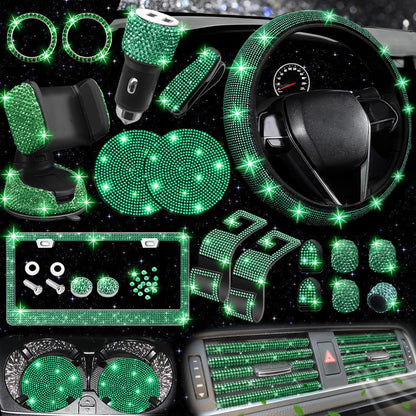 NBTEPEM 27-Piece Bling Car Accessories Set - Universal Fit Steering Wheel Covers, License Plate Frames, Phone Holder, Car Fast Charger, Coasters (Pink)
