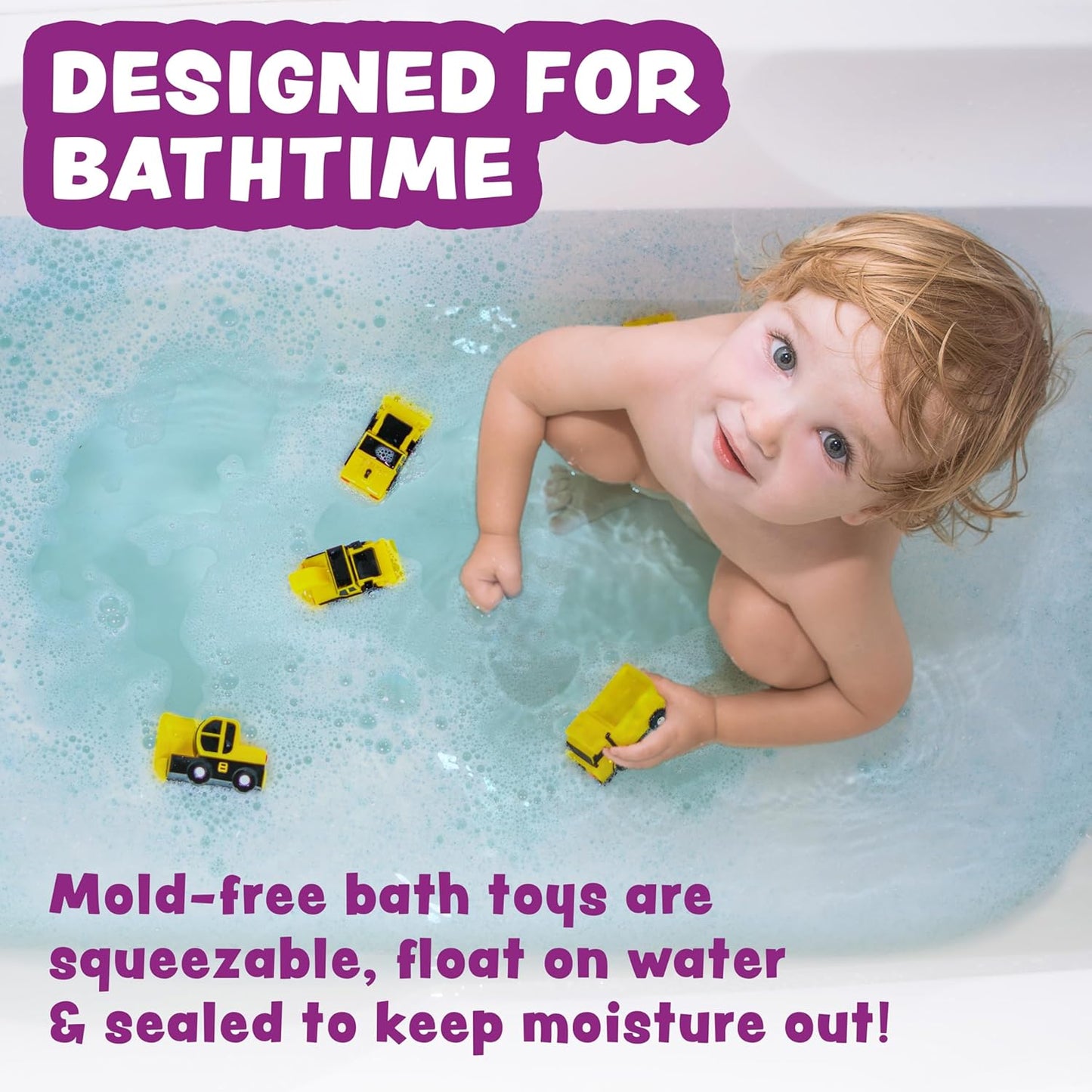 Tub Works® Construction™ Trucks Schimmelfreies Badespielzeug, 6er-Pack | Versiegeltes Design ohne Löcher hält Feuchtigkeit fern | Weich, quetschbar und schwimmt auf dem Wasser | Baby- und Kleinkind-Badespielzeug | Kinderauto-Spielzeug