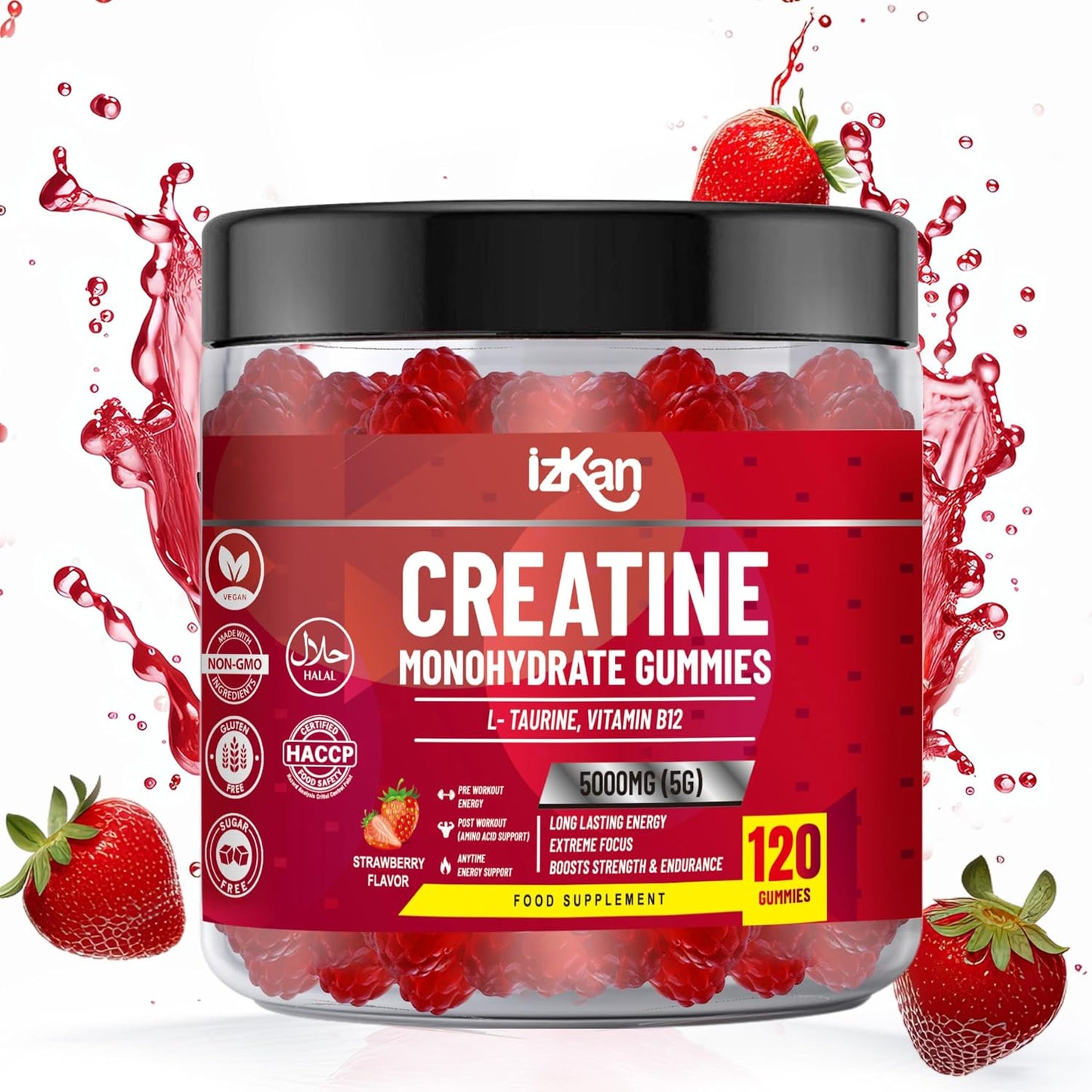 Pro Creatine Monohydrate Gummies 5g for Men & Women - 120 Chewable Creatine Gummies Strawberry Flavoured Gym Pre Workout Gym Supplement Vegan (2)