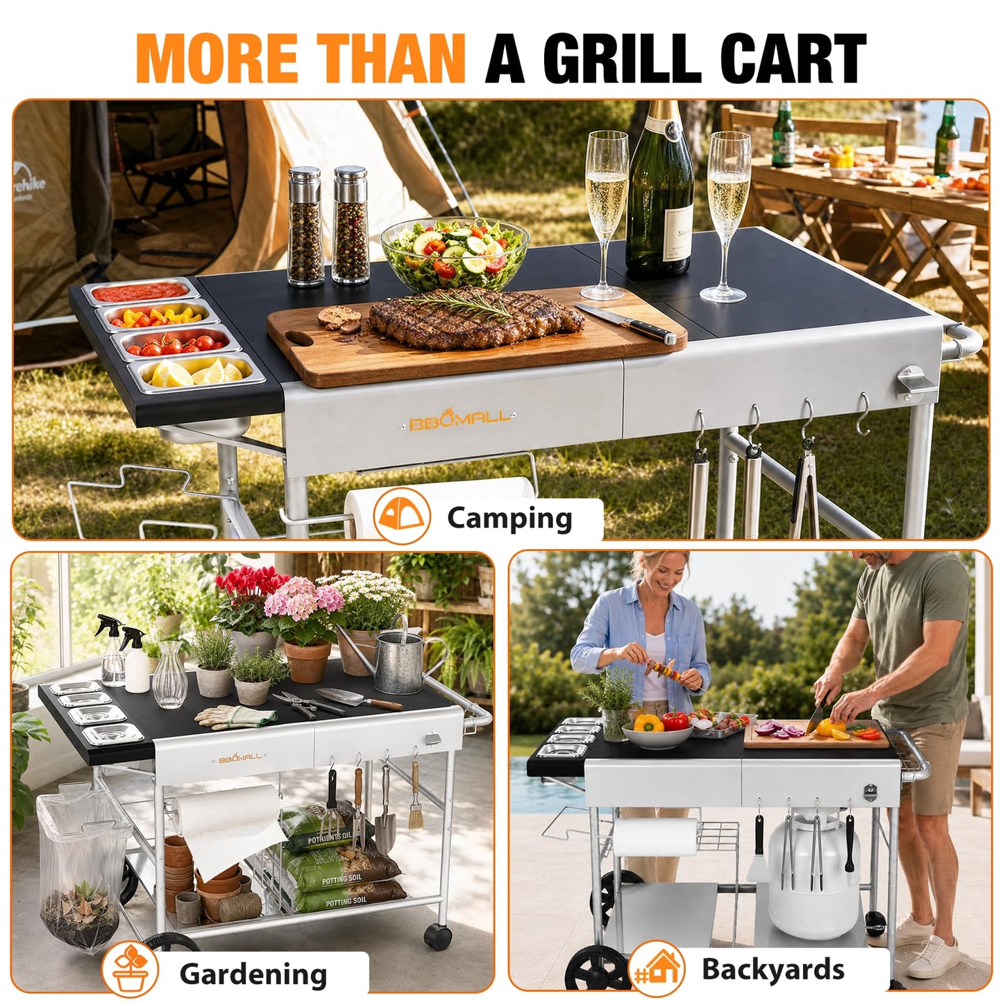 Pizza Oven Table Grill Cart with Topping Station, Grill Table Stand with Wheels for Ninja, Blackstone Griddle, Ooni, Gozney, Cuisinart, Heavy Duty BBQ Prep Cart with Storage Shelf and Hooks