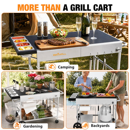 Pizza Oven Table Grill Cart with Topping Station, Grill Table Stand with Wheels for Ninja, Blackstone Griddle, Ooni, Gozney, Cuisinart, Heavy Duty BBQ Prep Cart with Storage Shelf and Hooks