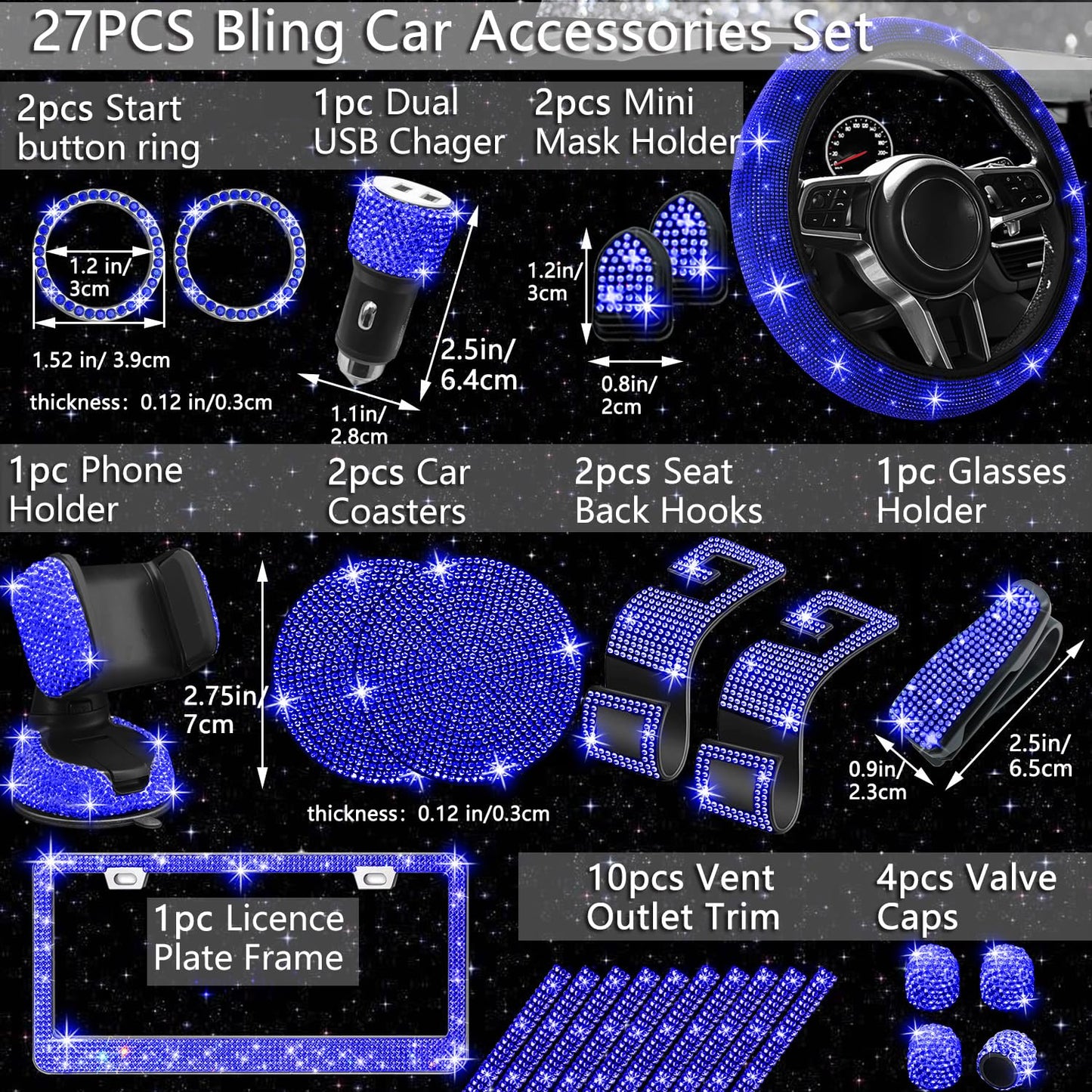 NBTEPEM 27-Piece Bling Car Accessories Set - Universal Fit Steering Wheel Covers, License Plate Frames, Phone Holder, Car Fast Charger, Coasters (Pink)