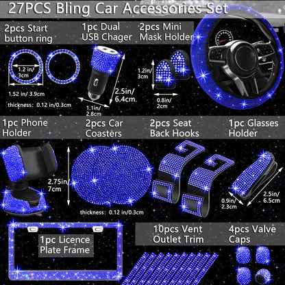 NBTEPEM 27-Piece Bling Car Accessories Set - Universal Fit Steering Wheel Covers, License Plate Frames, Phone Holder, Car Fast Charger, Coasters (Pink)