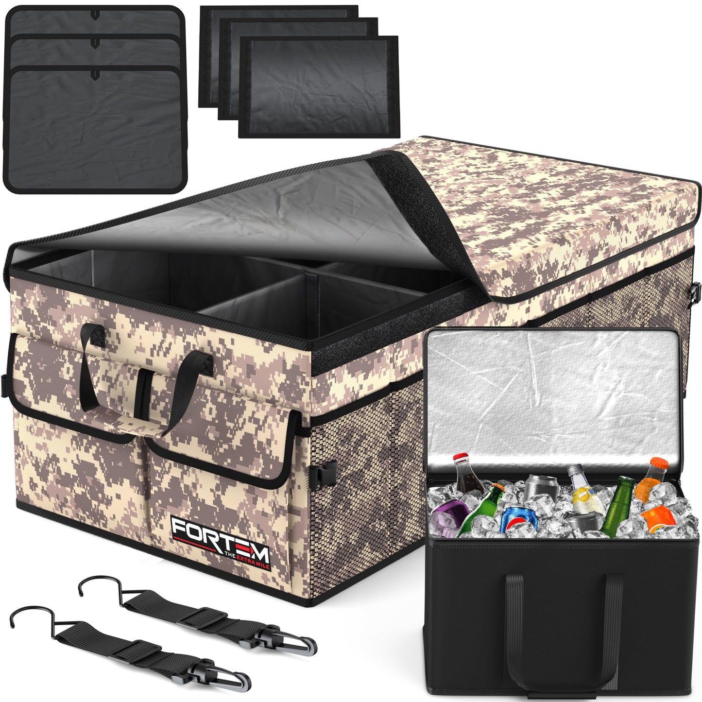 FORTEM Car Trunk Organizer, Collapsible Multi Compartment Car Organizer, Foldable SUV Storage for Car Accessories for Women Men, Non Slip Bottom, Securing Straps, Soft Cover 50L (Black, Standard)