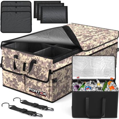 FORTEM Car Trunk Organizer, Collapsible Multi Compartment Car Organizer, Foldable SUV Storage for Car Accessories for Women Men, Non Slip Bottom, Securing Straps, Soft Cover 50L (Black, Standard)