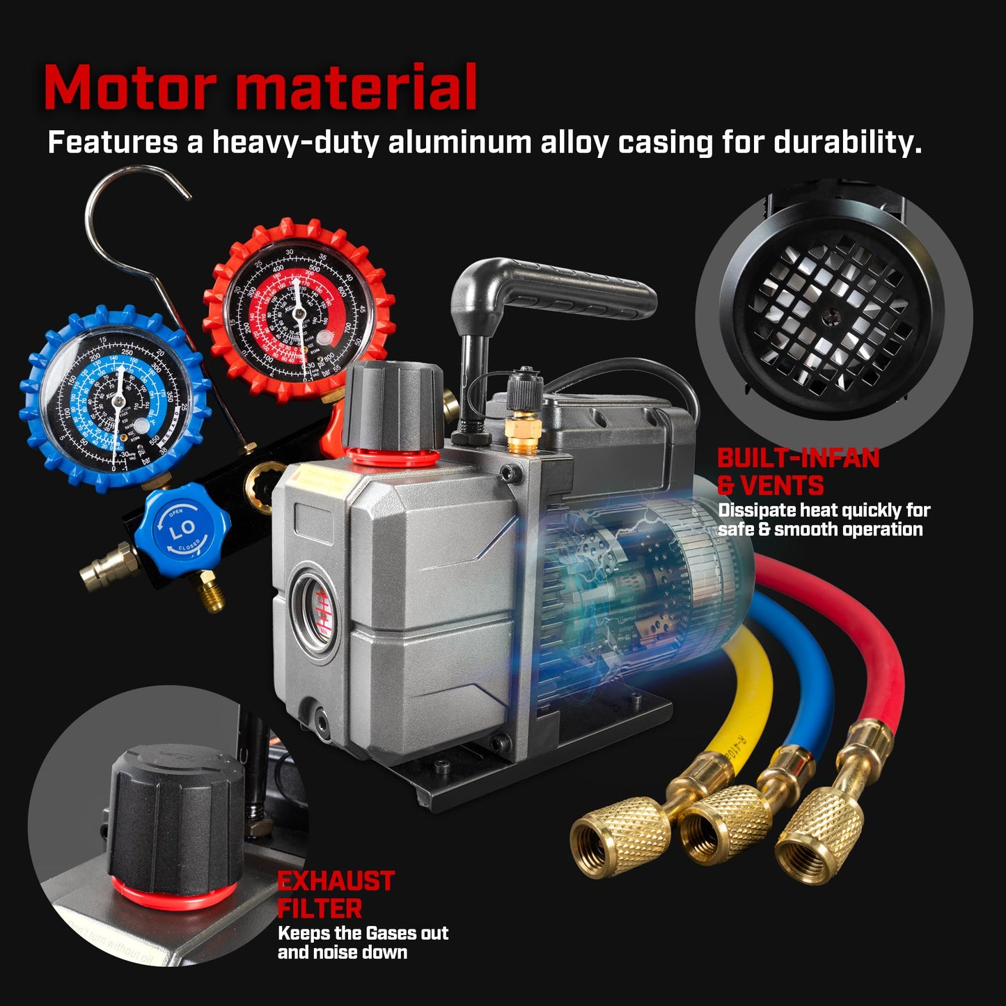 XtremepowerUS 3CFM 1/4HP Vacuum Pump HVAC R134a, R12, R22, R410a, A/C Refrigeration R134 Can Tap Adapter, R134 Quick Connector AC Manifold Gauge Air Conditioner Oil Bottle w/Bag