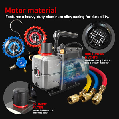 XtremepowerUS 3CFM 1/4HP Vacuum Pump HVAC R134a, R12, R22, R410a, A/C Refrigeration R134 Can Tap Adapter, R134 Quick Connector AC Manifold Gauge Air Conditioner Oil Bottle w/Bag