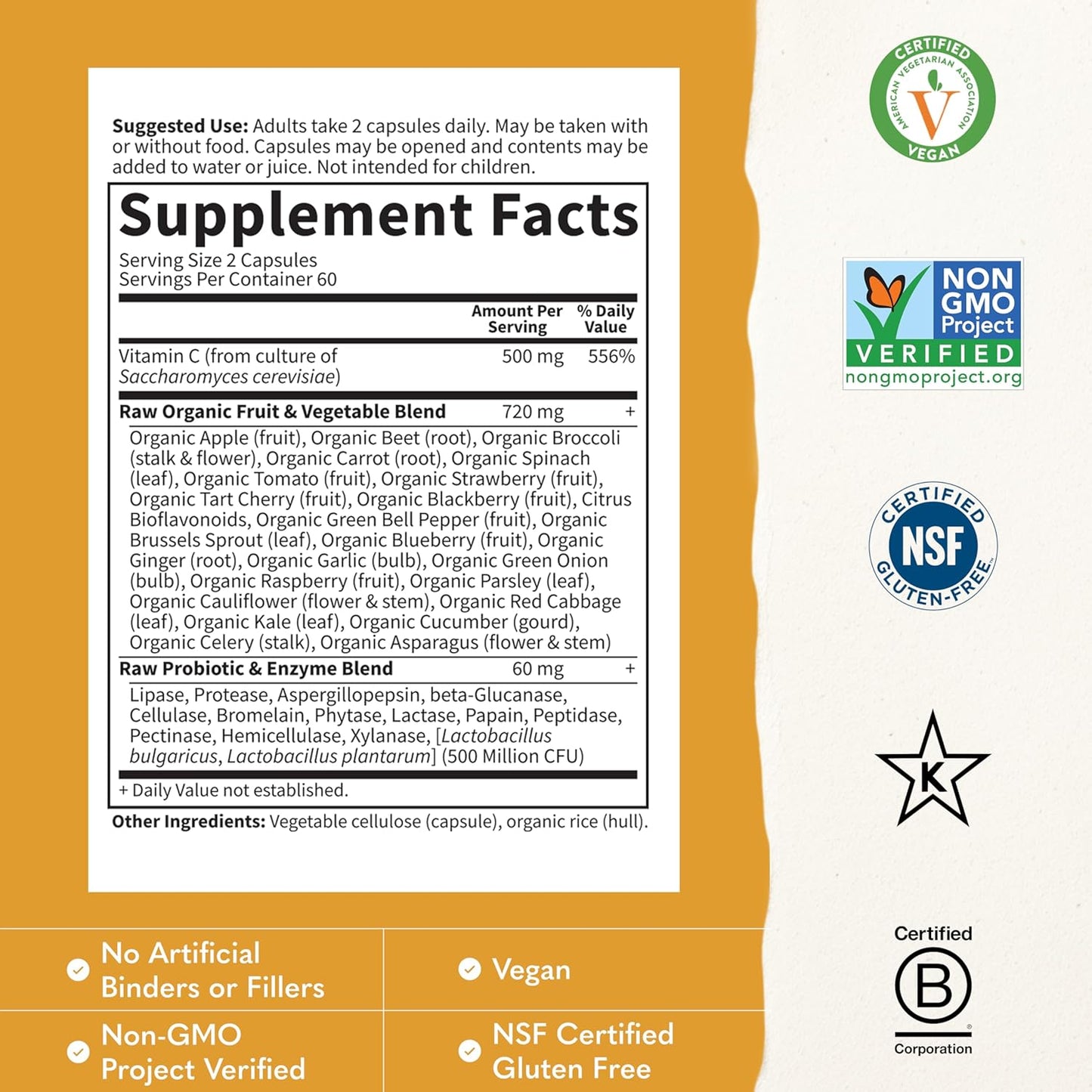 Garden of Life Vitamin Code Raw Vitamin-C, 500mg Whole Food VIT-C Capsules + Fruit & Veggie Blend & Probiotics, Supplements for Adults, Vegan, Gluten Free, 120 Capsules, (Pack of 6)