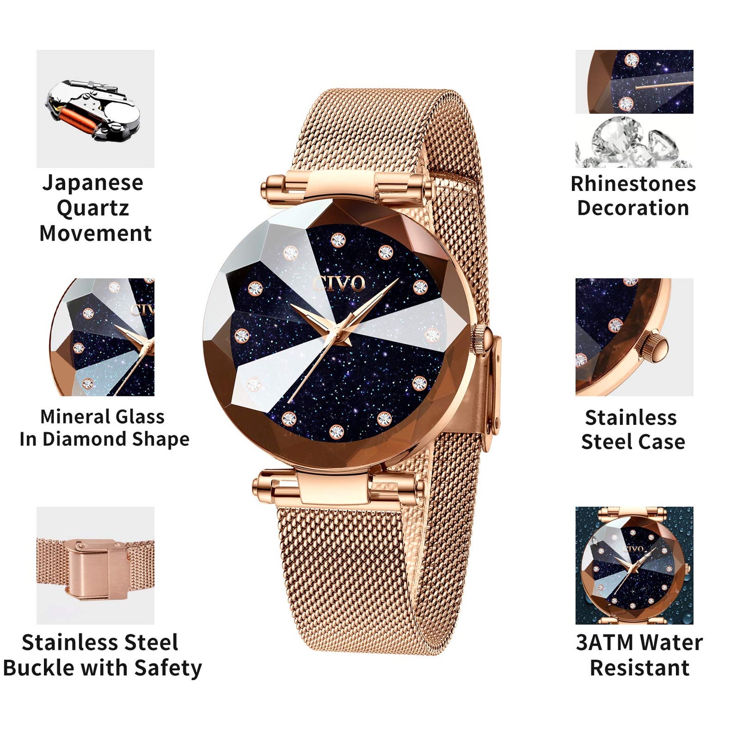 CIVO Damenarmbanduhr, wasserdichte analoge Quarzdameuhr für Damen, Roségold-Mesh-Armband, elegant, luxuriös, Designer-Damenuhr mit Diamant-Zifferblatt