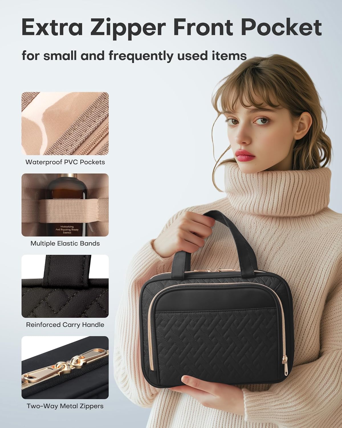 HOTOR Kulturbeutel für Damen – Geräumiger Kulturbeutel für Herren, Wasserdichte Make-up-Tasche mit Aufhängehaken und mehreren Fächern, Reiseaccessoires, Reiseutensilien, Schwarz, Mittel